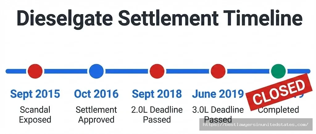 Timeline of VW emissions lawsuit showing scandal exposure in 2015 through claim deadlines in 2018-2019