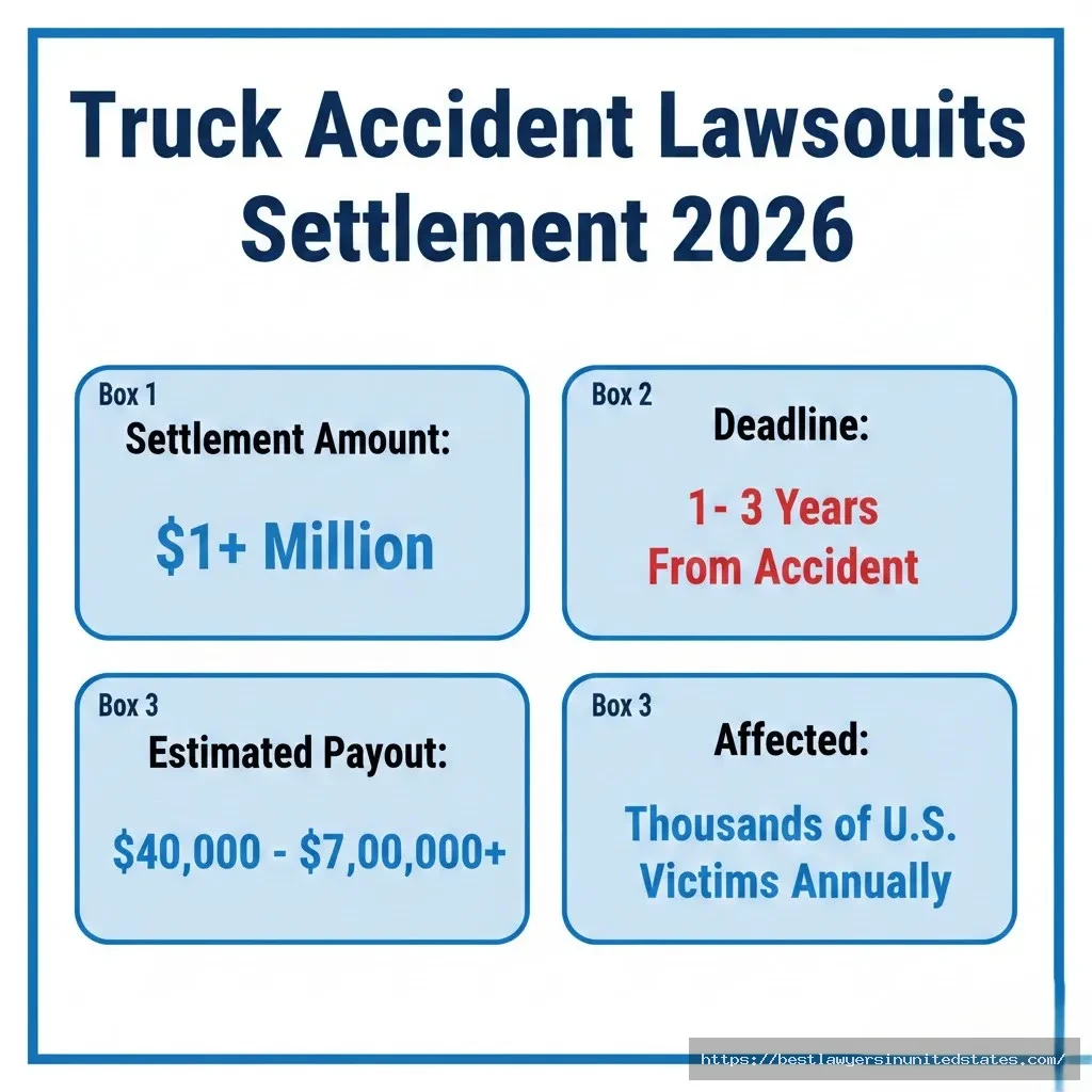 Truck accident lawsuits settlement overview showing $1M+ compensation, 1–3 year deadline, and payout ranges