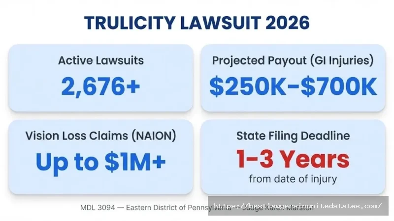 Trulicity lawsuit 2026 overview — 2,676 cases filed, payouts up to $1M, state deadlines of 1–3 years