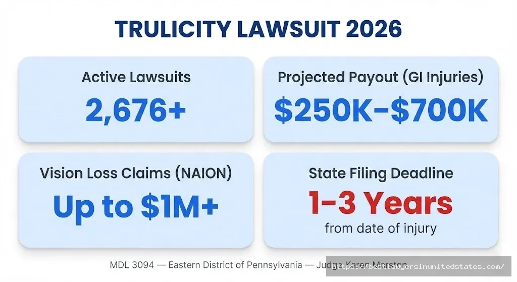 Trulicity lawsuit 2026 overview — 2,676 cases filed, payouts up to $1M, state deadlines of 1–3 years