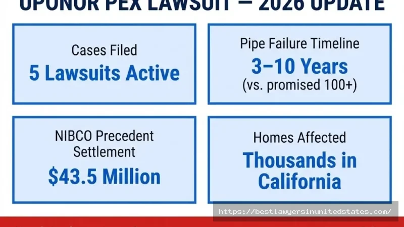 Uponor PEX lawsuit overview — 5 active cases, pipes failing in 3–10 years, $43.5M NIBCO precedent settlement