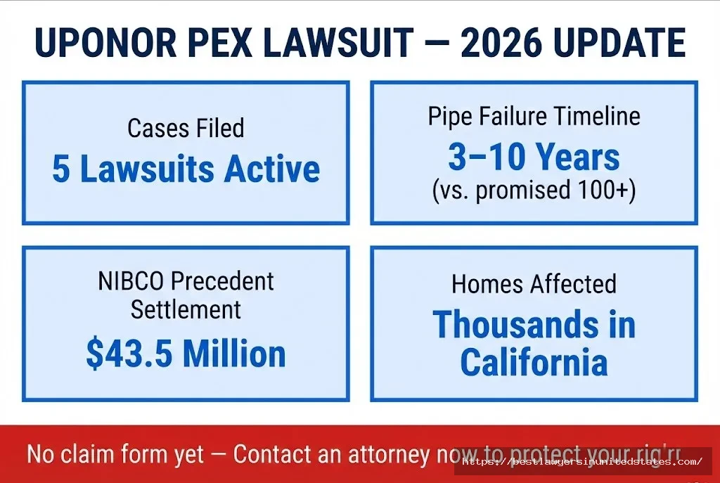 Uponor PEX lawsuit overview — 5 active cases, pipes failing in 3–10 years, $43.5M NIBCO precedent settlement
