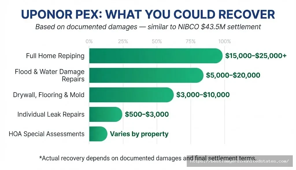 Uponor PEX lawsuit potential damages chart — recovery ranges from $500 for single leak repairs to $25,000+ for full repiping