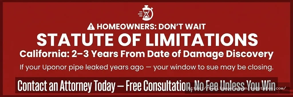 Uponor PEX lawsuit statute of limitations warning — California homeowners have 2–3 years from damage discovery to act