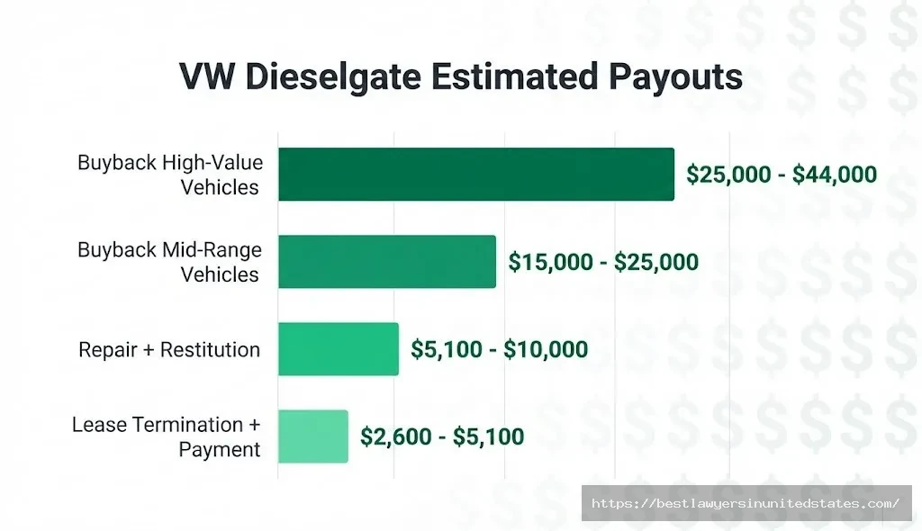 VW Dieselgate payout breakdown chart showing compensation tiers from $2,600 for leases to $44,000 for buybacks