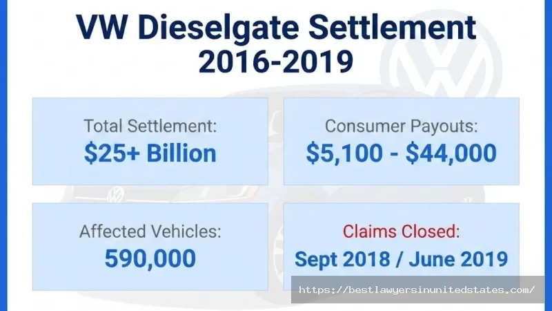 VW Dieselgate settlement overview showing $25B total, payouts of $5,100-$44,000, and 590,000 affected vehicles