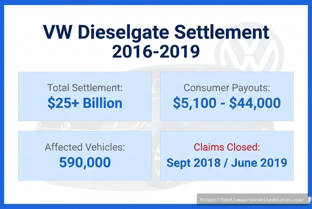 VW Dieselgate settlement overview showing $25B total, payouts of $5,100-$44,000, and 590,000 affected vehicles