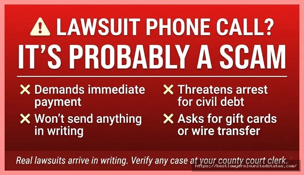 Warning graphic showing red flags that a lawsuit phone call is a scam — demands payment, threatens arres