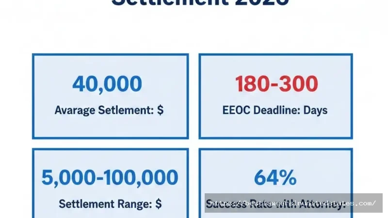 Wrongful termination lawsuit settlement overview showing $40K average, 180-300 day deadline, and $5K-$100K range