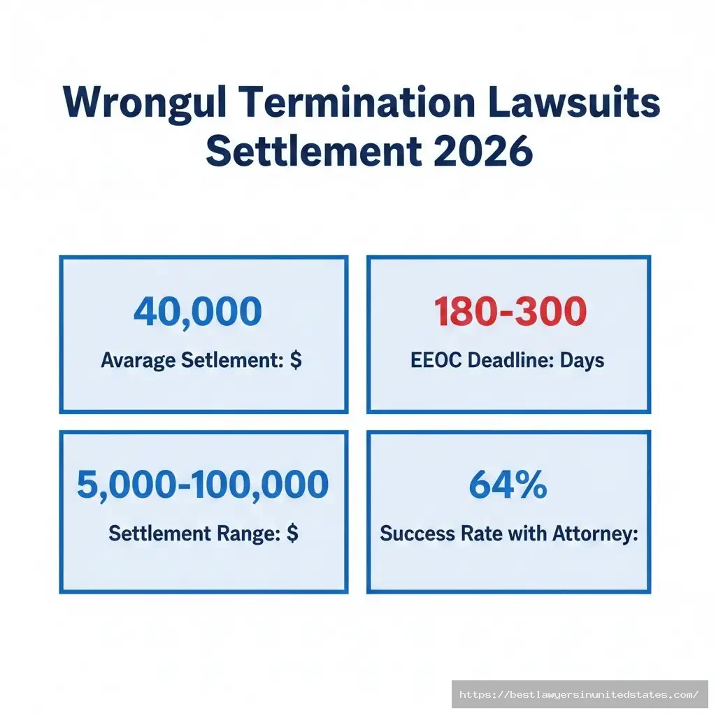 Wrongful termination lawsuit settlement overview showing $40K average, 180-300 day deadline, and $5K-$100K range