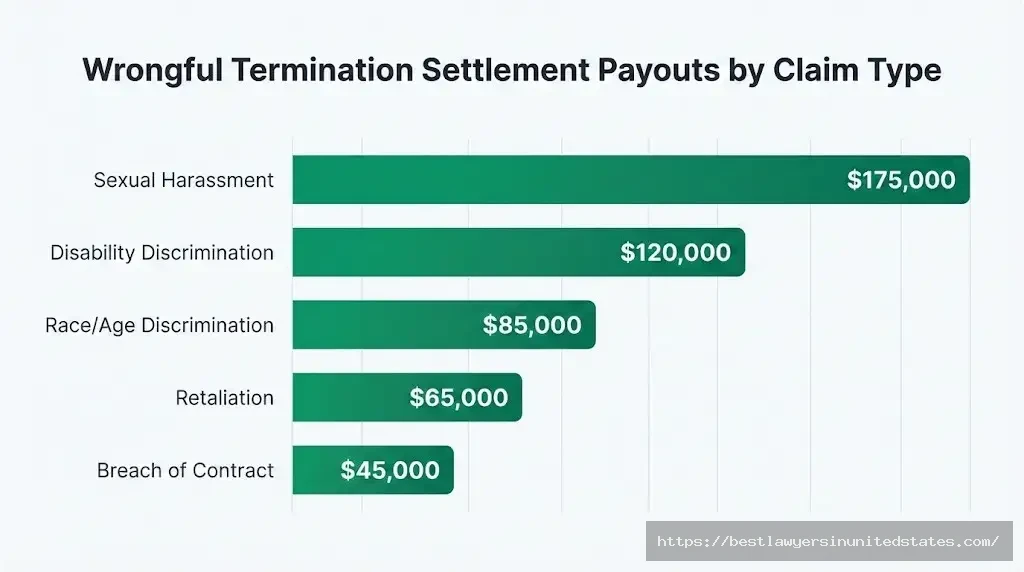 Wrongful termination settlement breakdown by claim type from $45K breach of contract to $175K sexual harassment