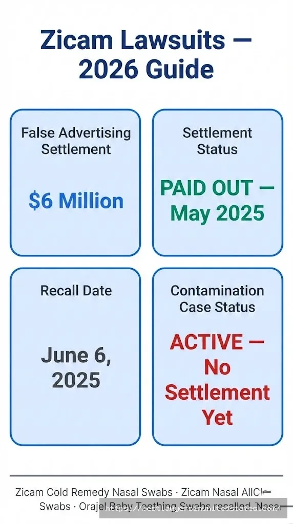 Zicam lawsuit overview $6M false advertising settlement paid May 2025; fungal contamination case active 2026