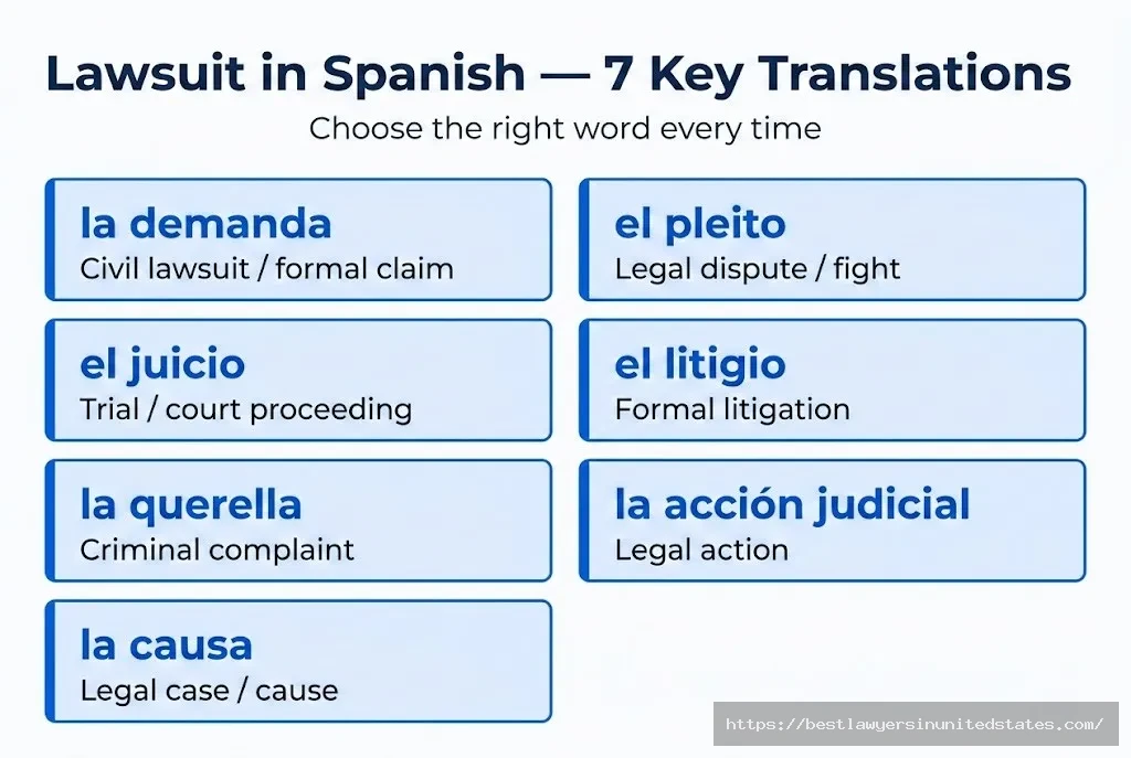7 Spanish translations of lawsuit demanda, pleito, juicio, litigio, querella, acción judicial, causa