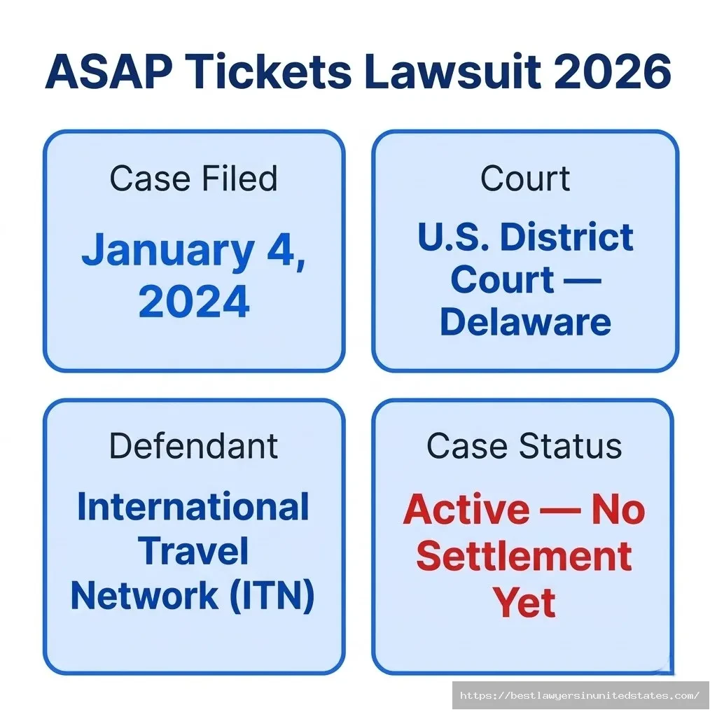 ASAP Tickets lawsuit overview filed Jan 2024, District of Delaware, defendant ITN, active litigation with no settlement as of 2026