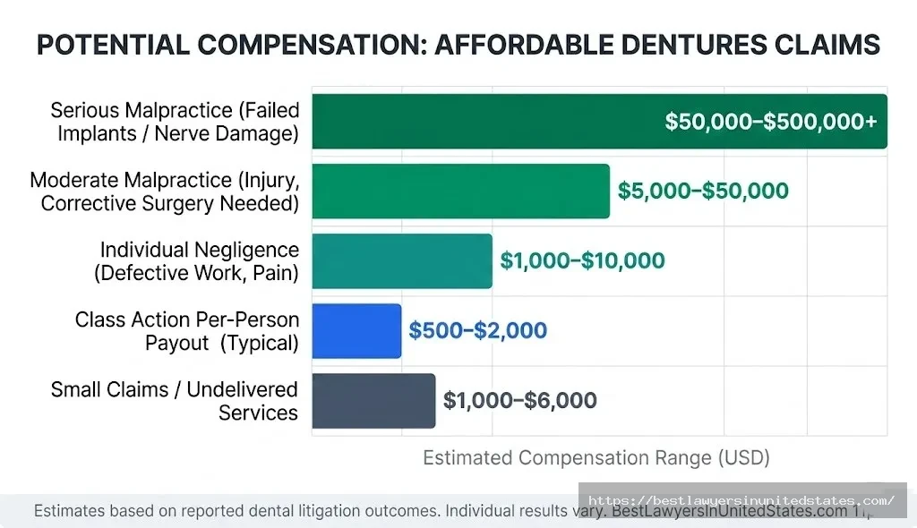 Affordable Dentures compensation chart class action $500–$2,000 per person; serious malpractice up to $500,000+