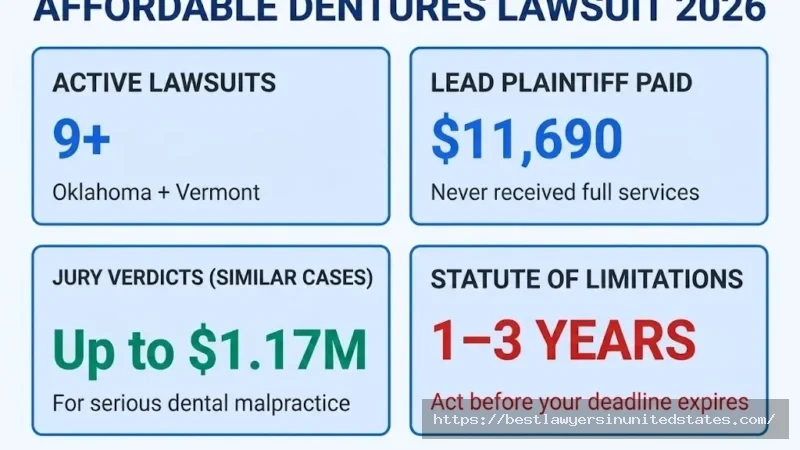 Affordable Dentures lawsuit overview 9+ active suits, $11,690 patient paid, up to $1.17M jury verdicts