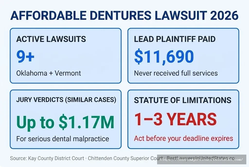 Affordable Dentures lawsuit overview 9+ active suits, $11,690 patient paid, up to $1.17M jury verdicts