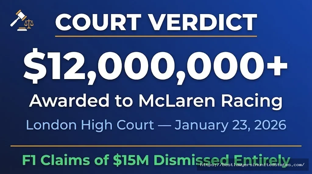 Alex Palou lawsuit verdict graphic — London High Court awards McLaren $12 million, dismisses all Formula 1 claims