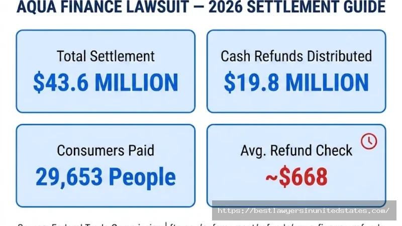 Aqua Finance FTC lawsuit settlement overview $43.6M total, $19.8M refunds, 29,653 consumers paid, ~$668 avg check