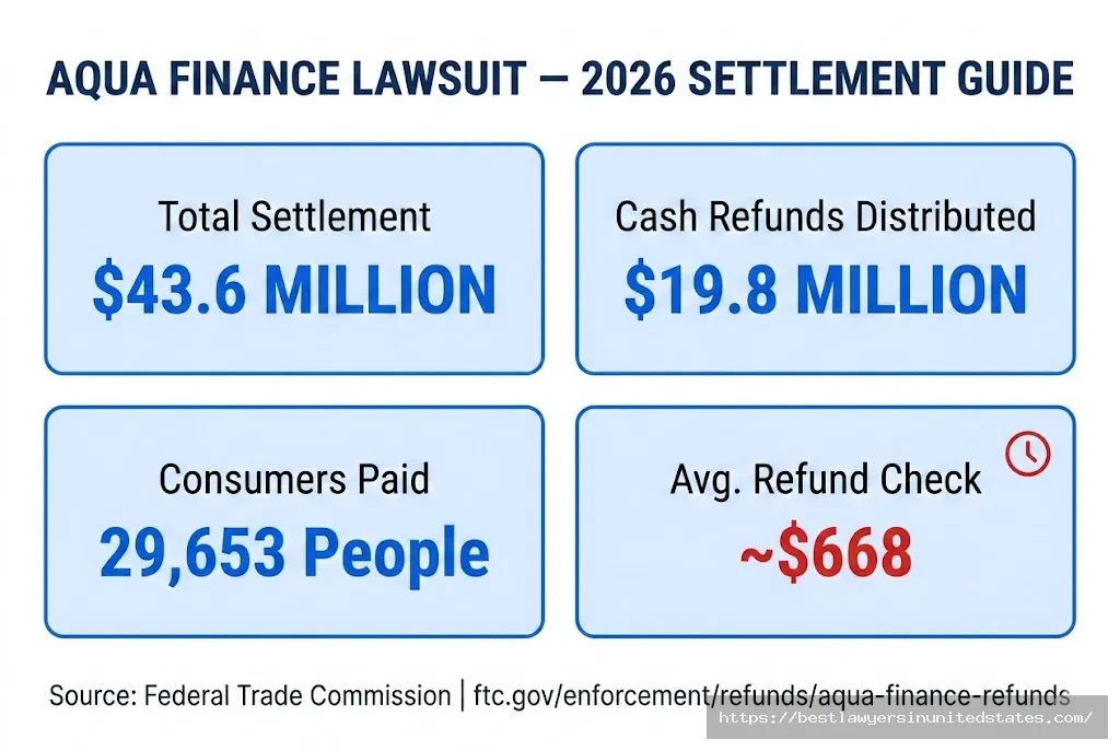 Aqua Finance FTC lawsuit settlement overview $43.6M total, $19.8M refunds, 29,653 consumers paid, ~$668 avg check