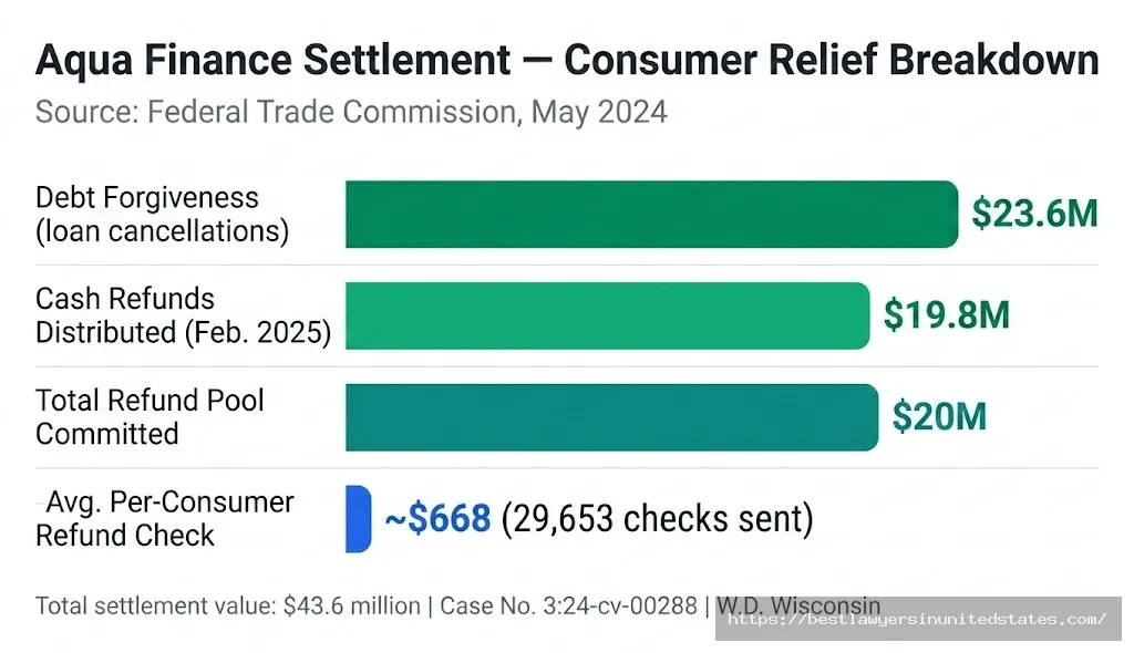 Aqua Finance FTC settlement breakdown chart $23.6M debt forgiveness, $19.8M cash refunds, ~$668 avg per consumer