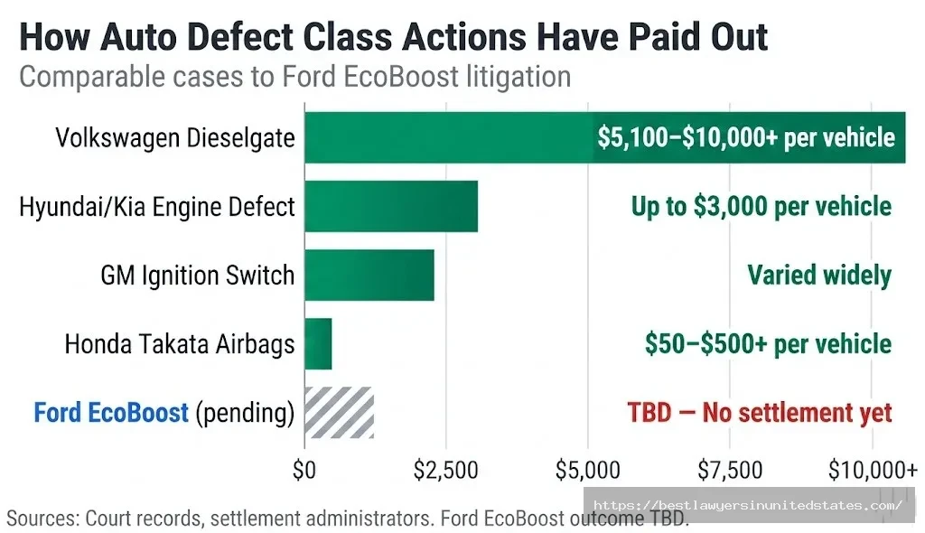 Auto defect class action payout comparison chart showing VW, Hyundai, GM, Honda settlements vs pending Ford EcoBoost case