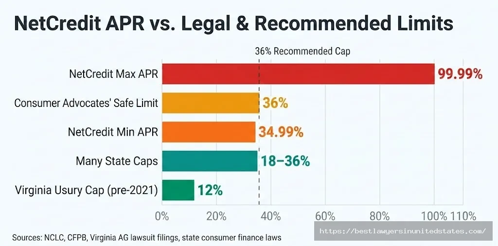 Bar chart comparing NetCredit's 99.99% max APR against state usury caps and the 36% consumer safety standard