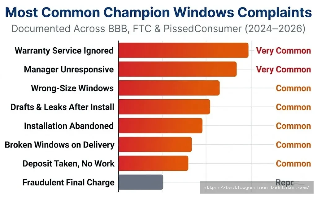 Bar chart of Champion Windows complaints showing warranty ignored and unresponsive management as the most common issues