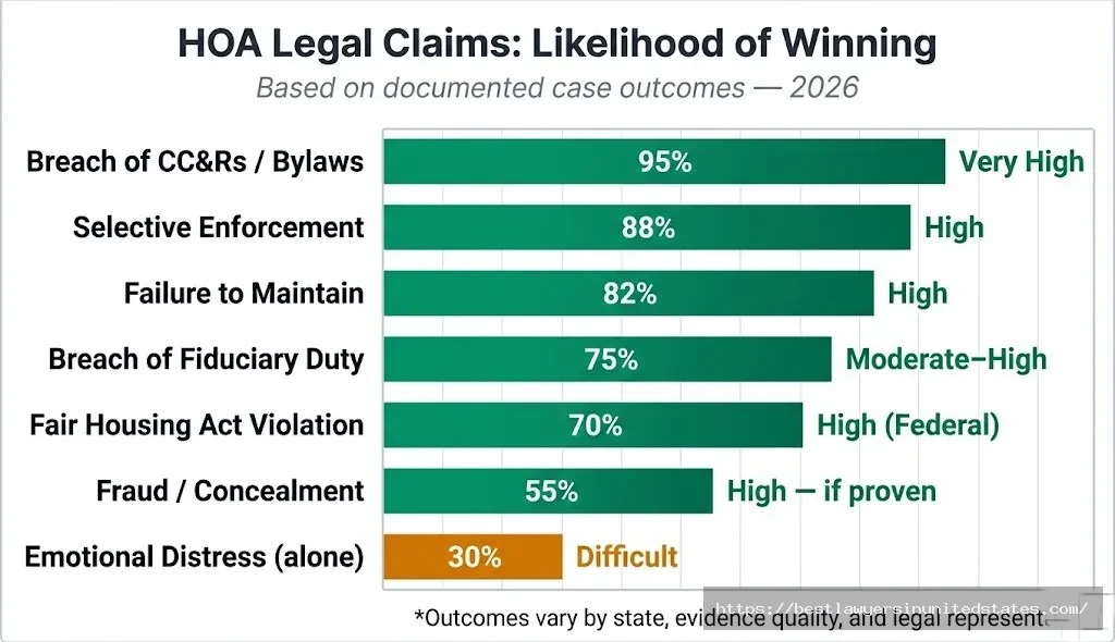Bar chart of HOA lawsuit claim types by win likelihood CC&R breach highest, emotional distress alone lowest