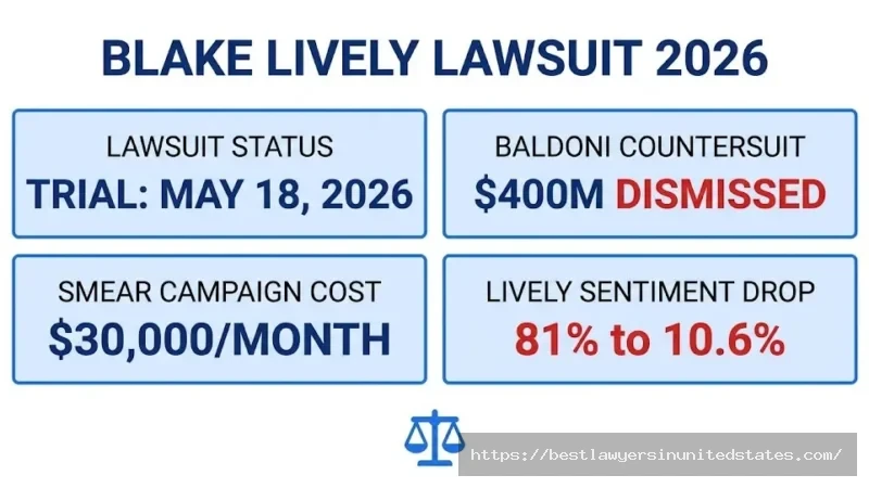 Blake Lively lawsuit 2026 overview showing May 18 trial date, $400M dismissed Baldoni countersuit, and 81% sentiment drop
