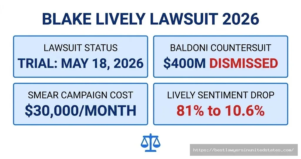Blake Lively lawsuit 2026 overview showing May 18 trial date, $400M dismissed Baldoni countersuit, and 81% sentiment drop