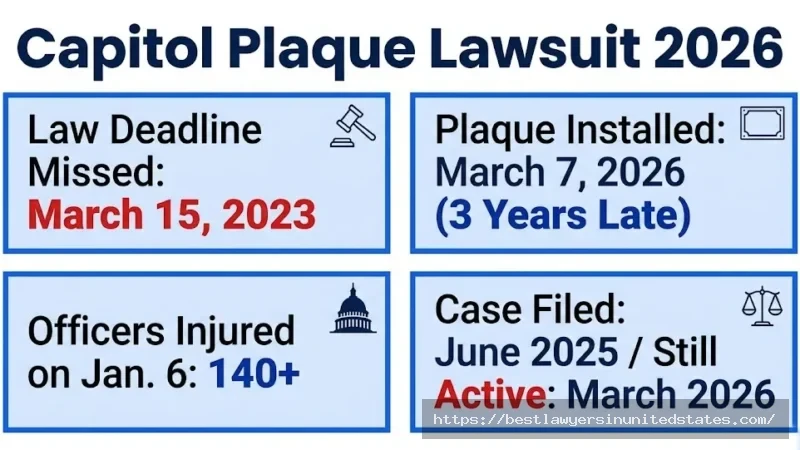 Capitol plaque lawsuit 2026 case overview law missed March 2023 deadline, plaque installed 3 years late, 140+ officers injured