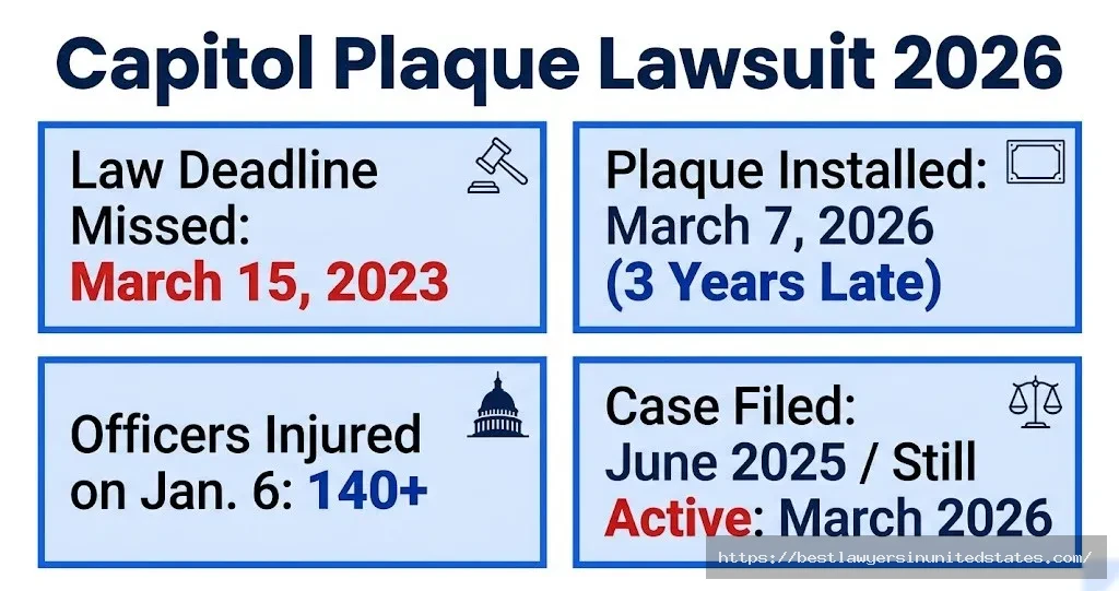 Capitol plaque lawsuit 2026 case overview law missed March 2023 deadline, plaque installed 3 years late, 140+ officers injured