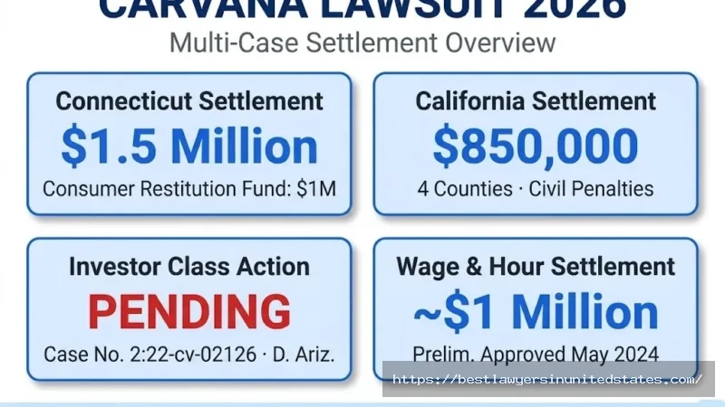 Carvana lawsuit 2026 overview $1.5M CT settlement, $850K CA settlement, pending investor class action, ~$1M wage case.