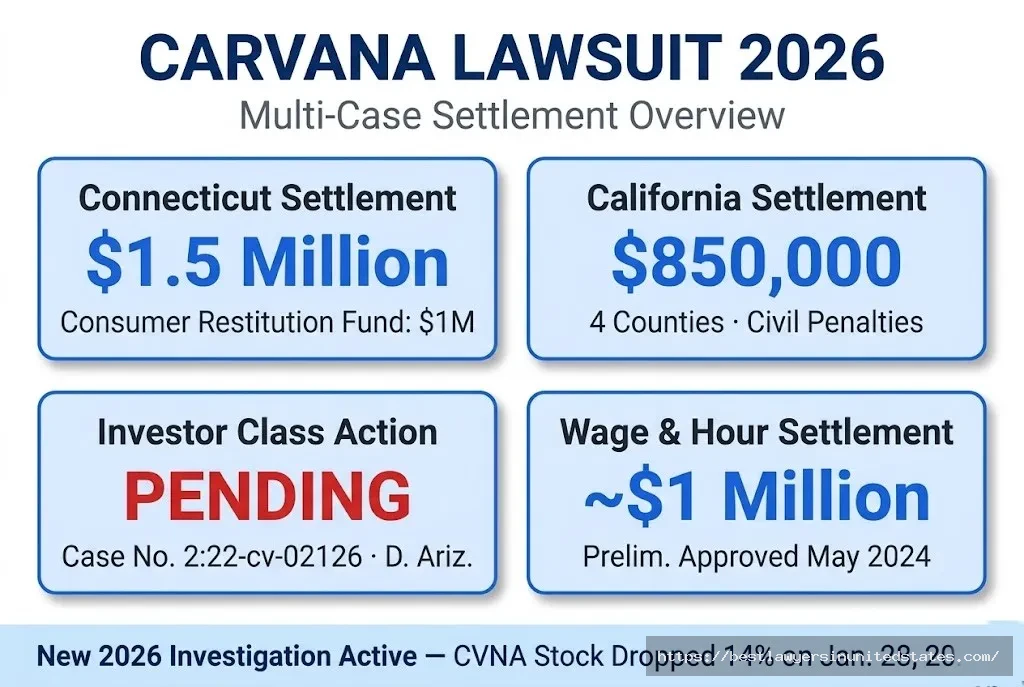 Carvana lawsuit 2026 overview $1.5M CT settlement, $850K CA settlement, pending investor class action, ~$1M wage case.
