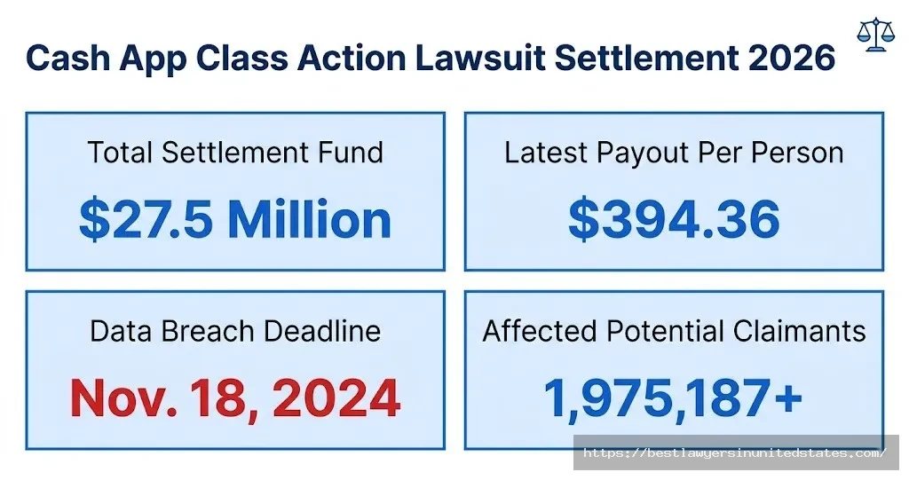 Cash app class action lawsuit settlement overview $27.5M total, $394.36 payout per claimant, 1.97M affected users