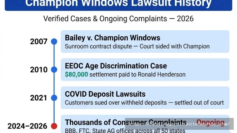 Champion Windows lawsuit timeline from 2007 to 2026 showing EEOC case, COVID disputes, and ongoing complaints