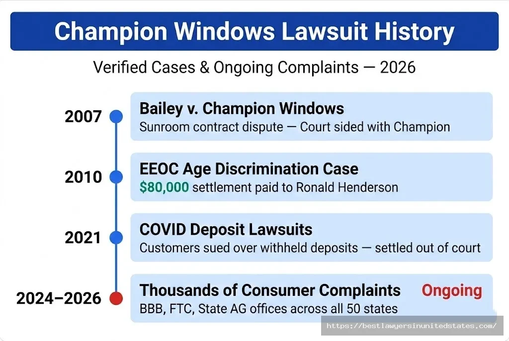 Champion Windows lawsuit timeline from 2007 to 2026 showing EEOC case, COVID disputes, and ongoing complaints