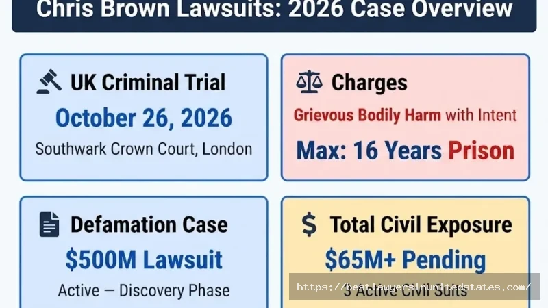 Chris Brown 2026 lawsuit overview UK trial October 26, charges of GBH, $500M defamation case active