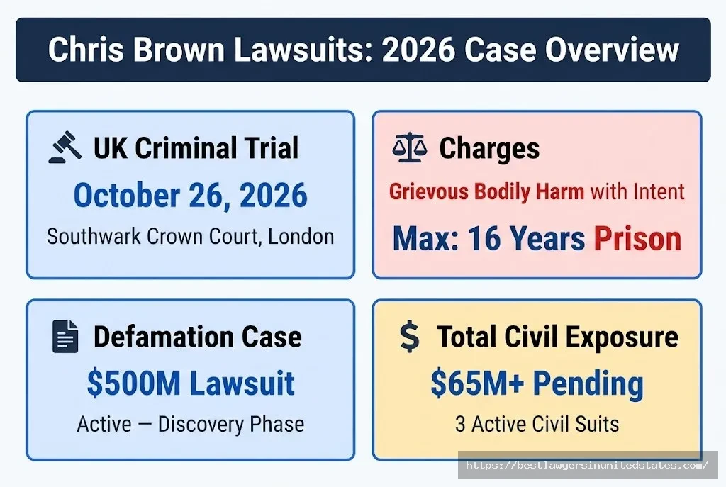 Chris Brown 2026 lawsuit overview UK trial October 26, charges of GBH, $500M defamation case active