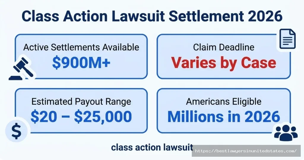 Class action lawsuit settlement 2026 overview $900M+ funds available, $20-$25,000 payout range per eligible claimant