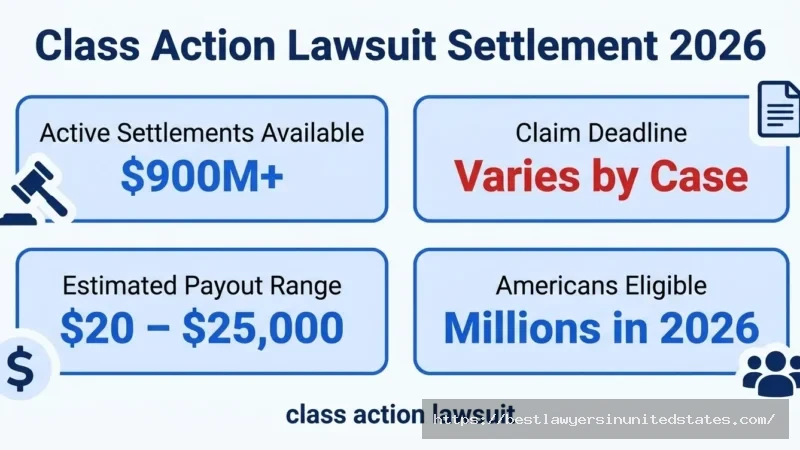 Class action lawsuit settlement 2026 overview $900M+ funds available, $20-$25,000 payout range per eligible claimant