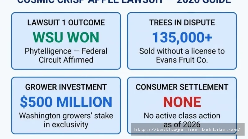 Cosmic Crisp apple lawsuit overview WSU won IP case, 135,000+ trees disputed, $500M grower investment, no consumer settlementt