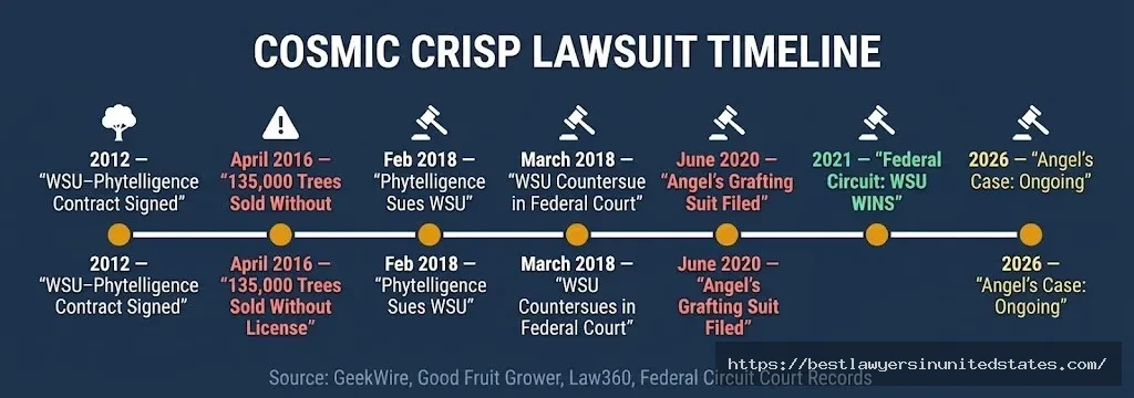 Cosmic Crisp apple lawsuit timeline from 2012 contract to 2021 Federal Circuit win for WSU and ongoing 2026 Angel's Grafting case