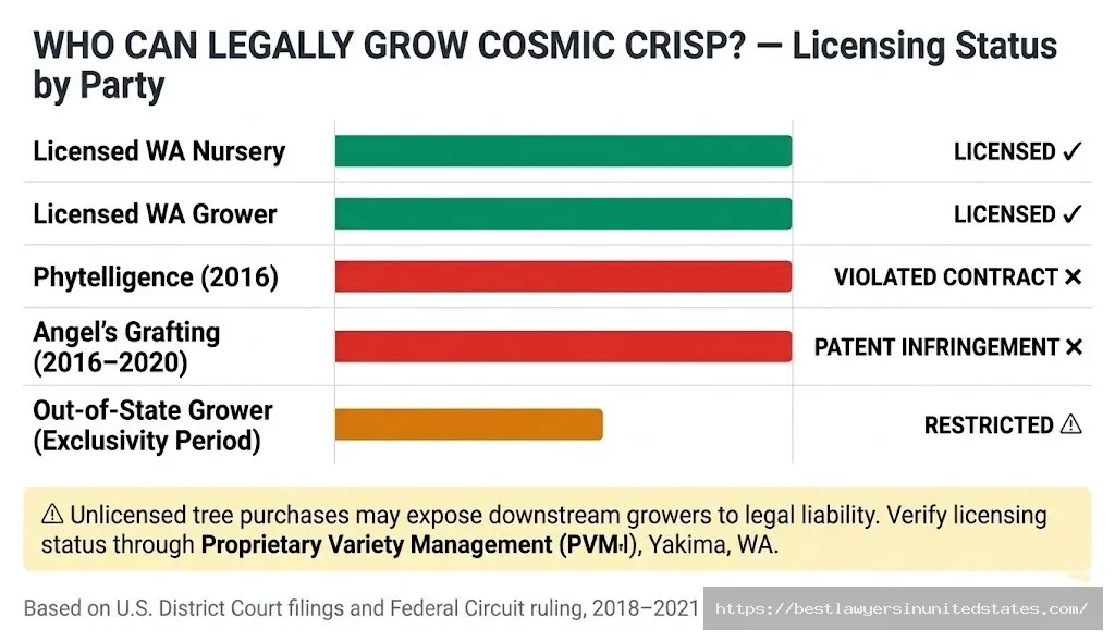 Cosmic Crisp apple licensing status chart showing licensed growers in green vs. Phytelligence and Angel's Grafting violations in red