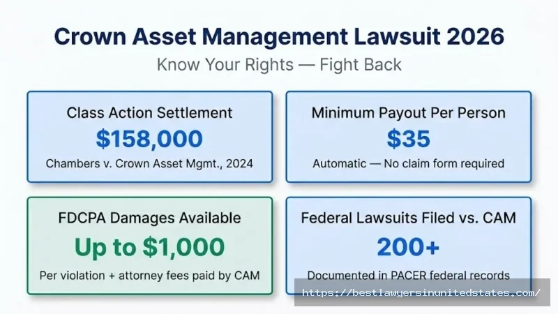 Crown Asset Management lawsuit overview — $158K settlement, $35 payout, $1,000 FDCPA damages, 200+ federal suits