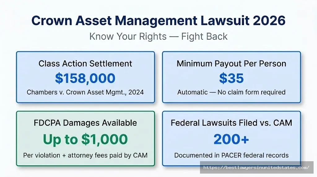 Crown Asset Management lawsuit overview — $158K settlement, $35 payout, $1,000 FDCPA damages, 200+ federal suits