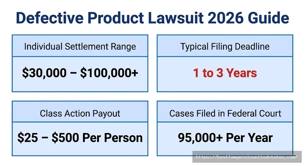 Defective product lawsuit 2026 overview — settlement ranges, filing deadlines, and class action payout amounts