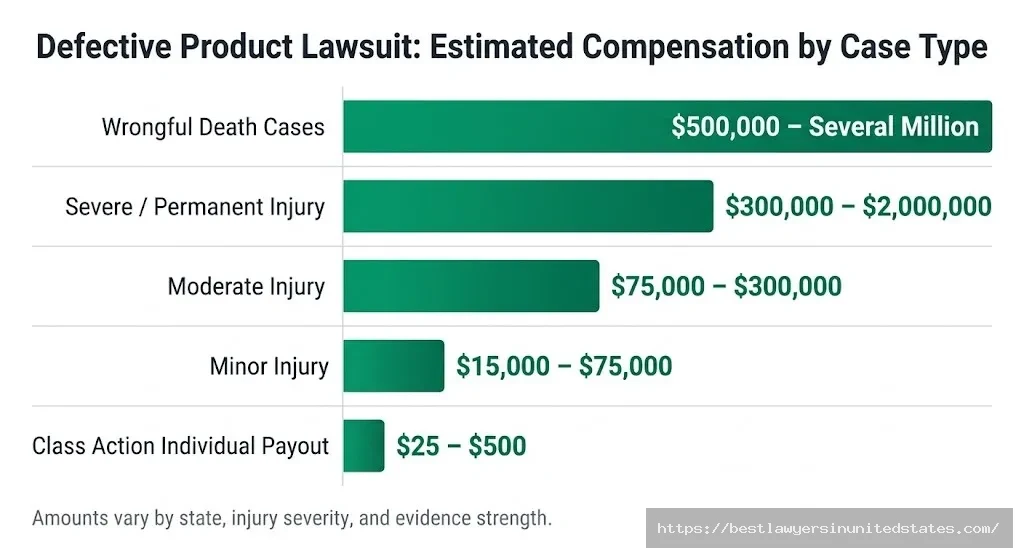 Defective product lawsuit payout chart showing compensation from $25 class action claims to millions for wrongful death cases