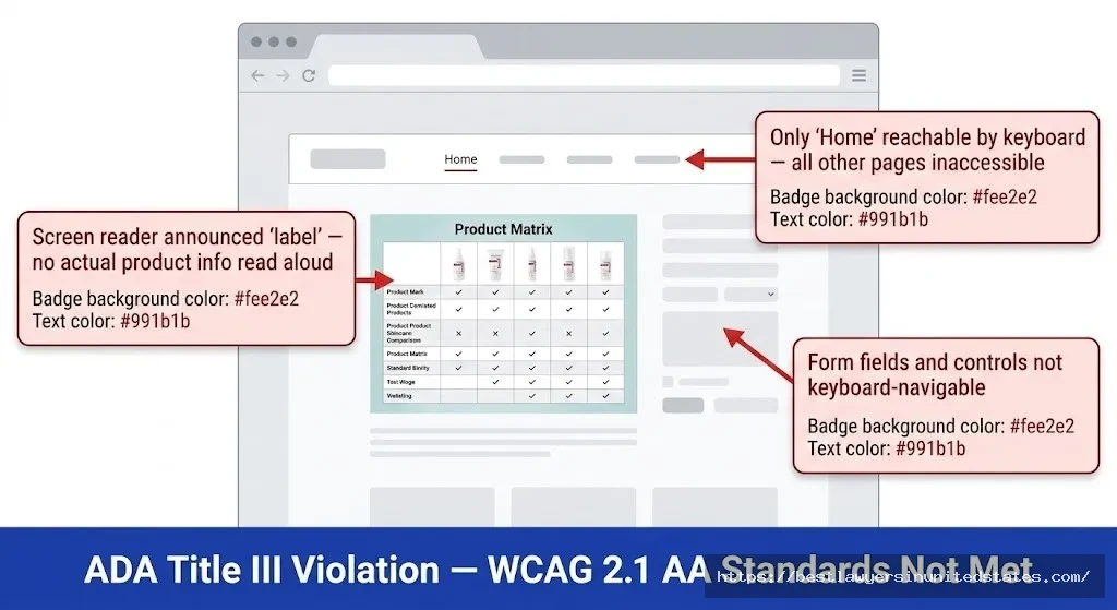 Diagram showing three ADA accessibility barriers found on Emuaid's website in the 2020 lawsuit